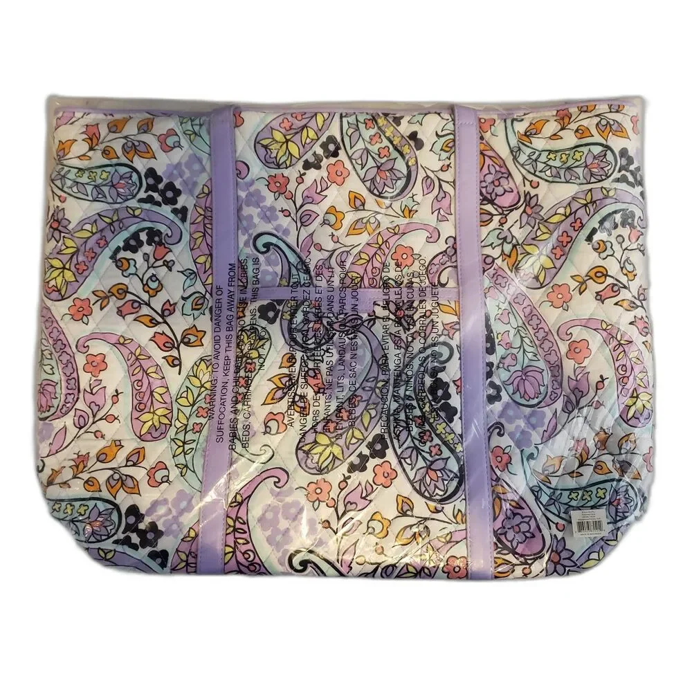 VERA BRADLEY Maddalena Paisley Soft Trimmed Vera Tote Bag White and Purple NEW